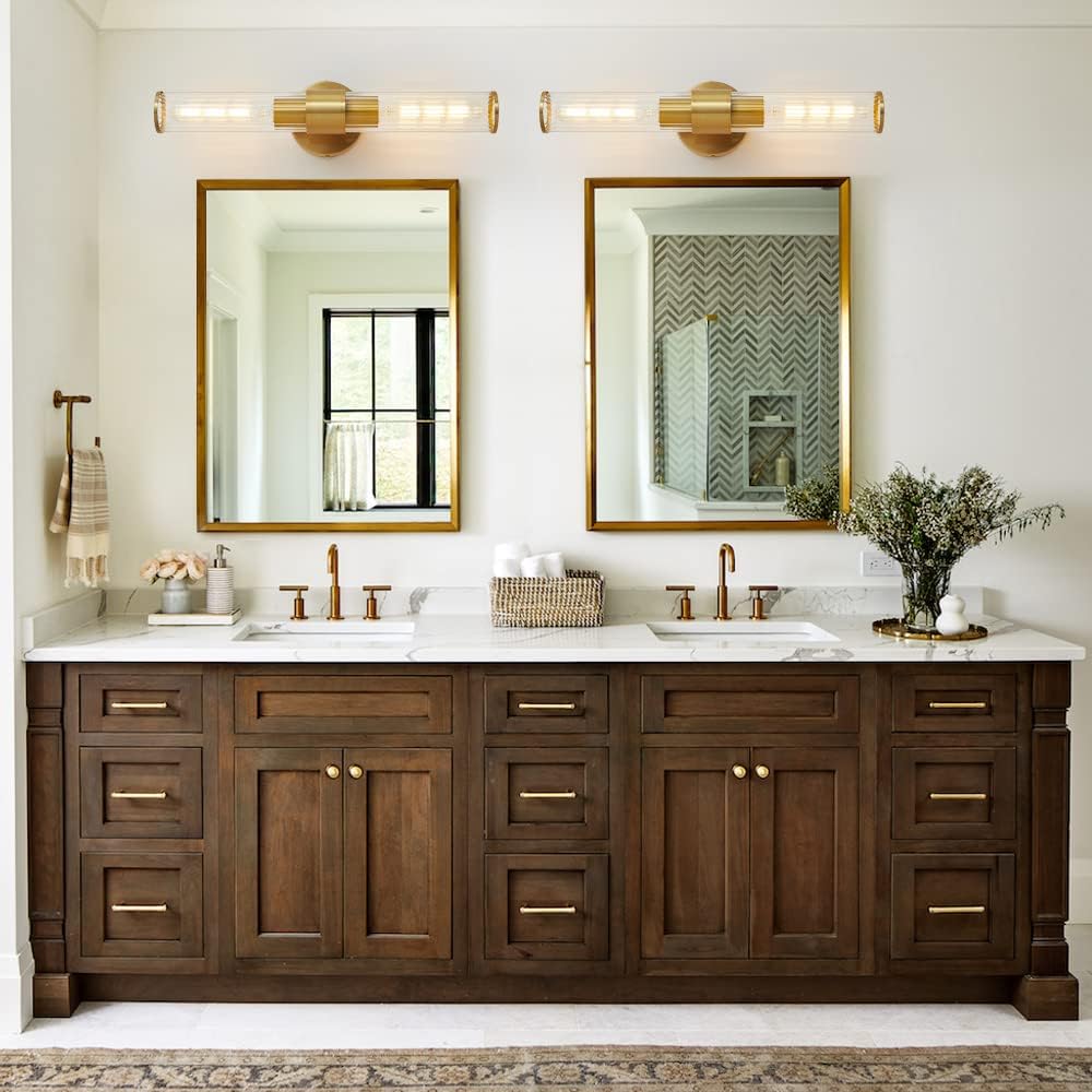 Gold Bathroom Light Fixtures 2 Pack, Hardwired Vanity Lights for Mirror with Threaded Glass Shade, 20 Inch Up and Down Wall Sconces for Bathroom Bedroom Living Room, Bulb Not Included