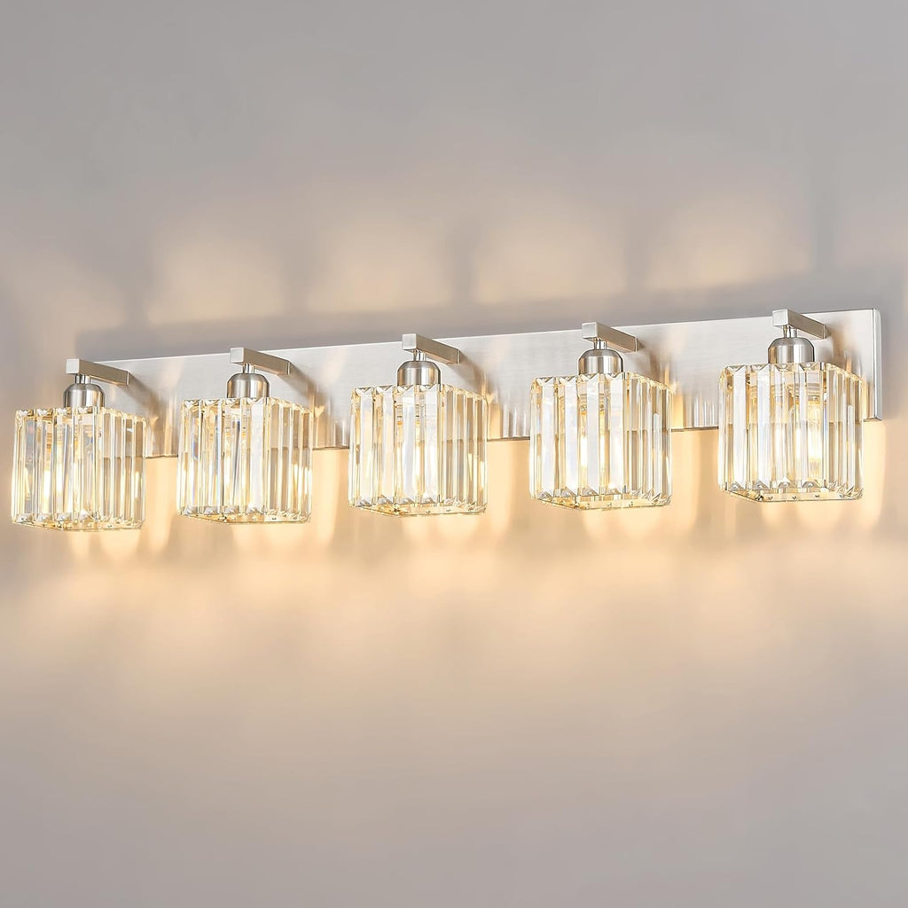Modern Vanity Light 5-Lights Brushed Nickel Vanity Light Crystal Bathroom Wall Light Bathroom Light Fixtures