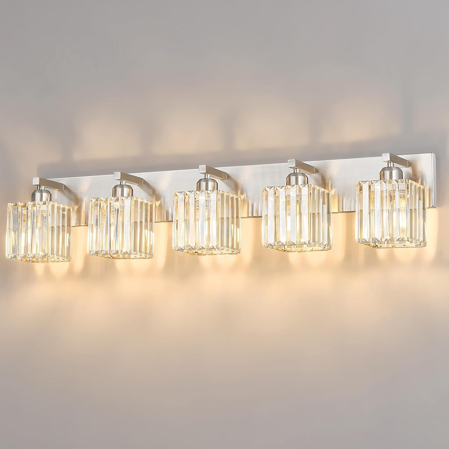 Modern Vanity Light 5-Lights Brushed Nickel Vanity Light Crystal Bathroom Wall Light Bathroom Light Fixtures