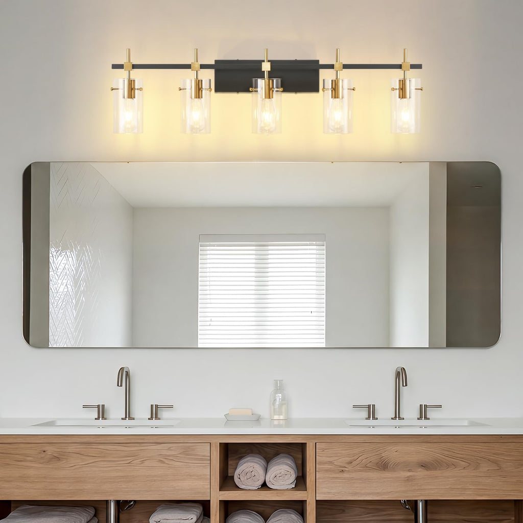 SOLFART 40.1 inch Vintage Brass Bathroom Vanity Light fixtures Bathroom Wall Lights Over Mirror with Glass Shade 5 Light