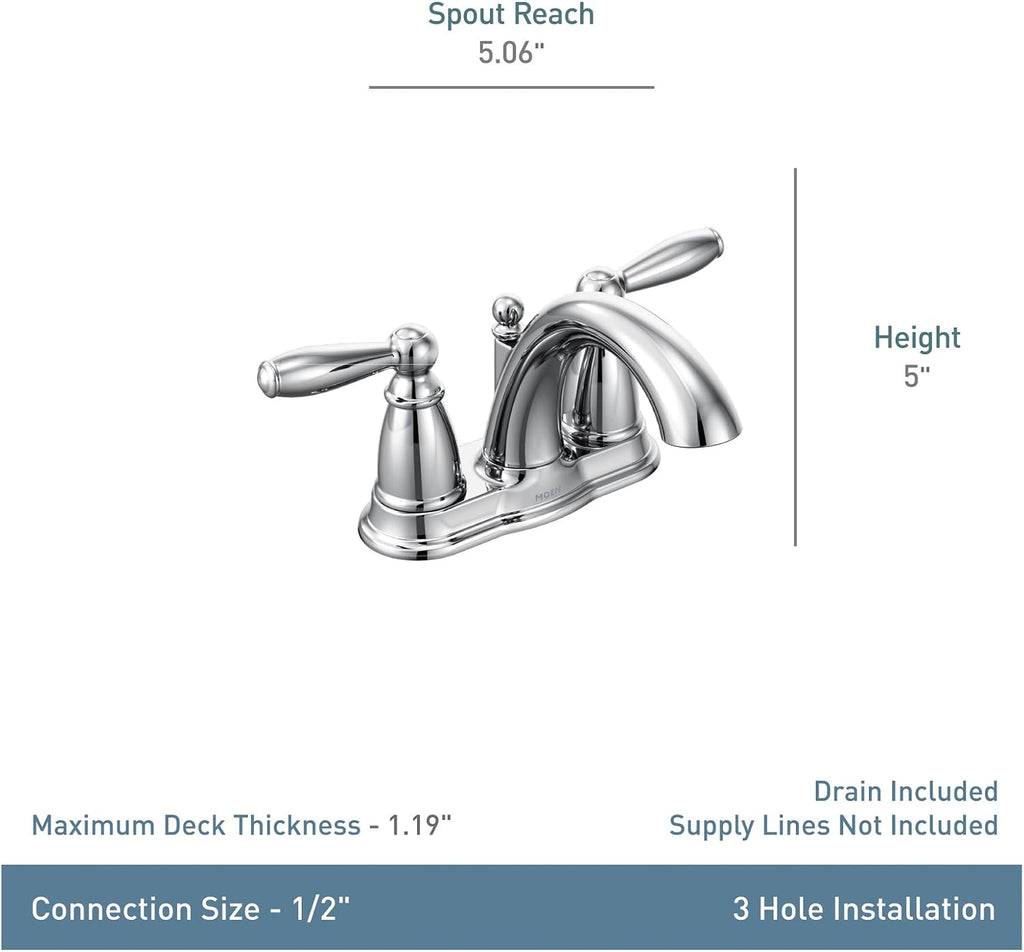 Moen Brantford Brushed Nickel Two-Handle Low-Arc Traditional Centerset Bathroom Faucet with Drain Assembly, 6610BN