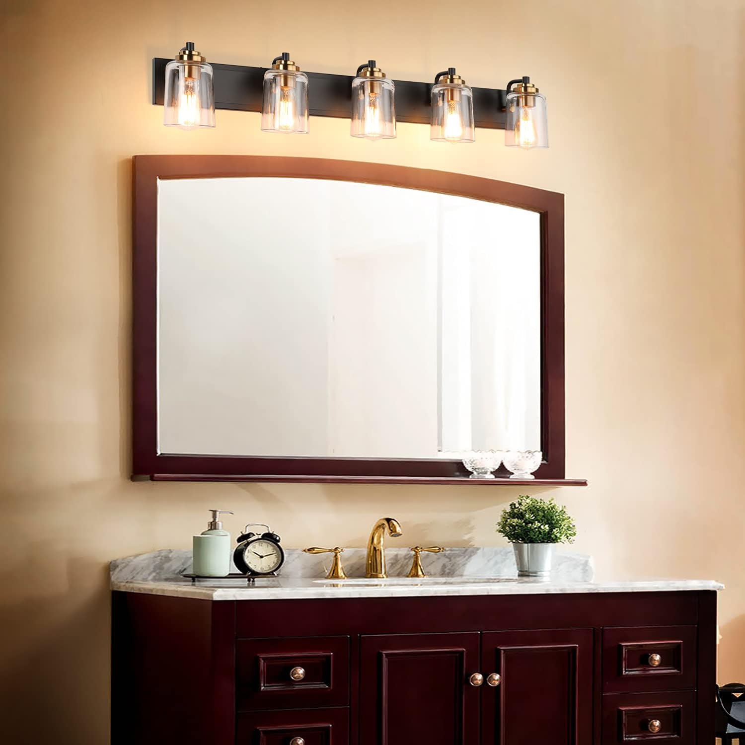 SOLFART 5 Lights Vintage Vanity Lighting Over Mirror Brass Bathroom Vanity Light Fixtures Thick Globes 8580 Lights