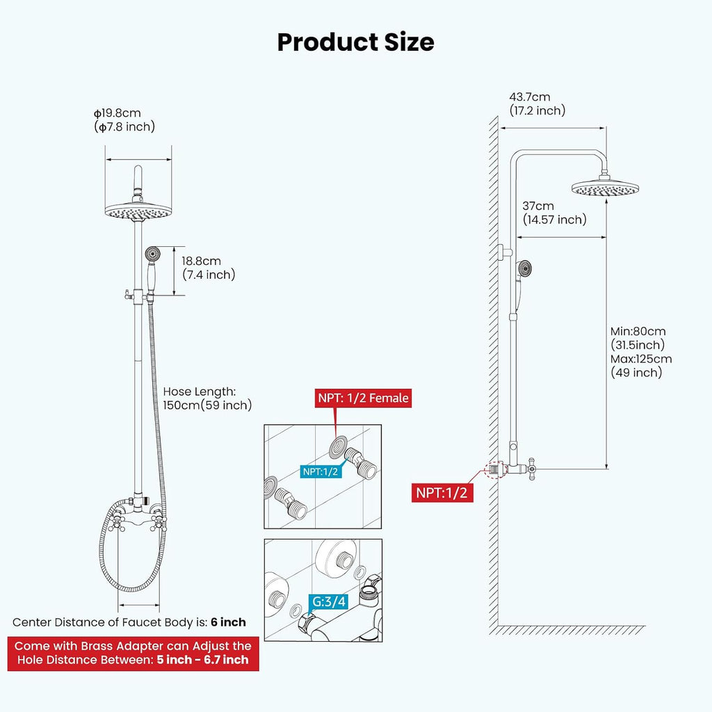 gotonovo Exposed Bathroom Shower Faucet Set Shower Fixture 8 Inch Rainfall Shower Head Handheld Shower Cross Handle Wall Mount 2 Functions Matte Black