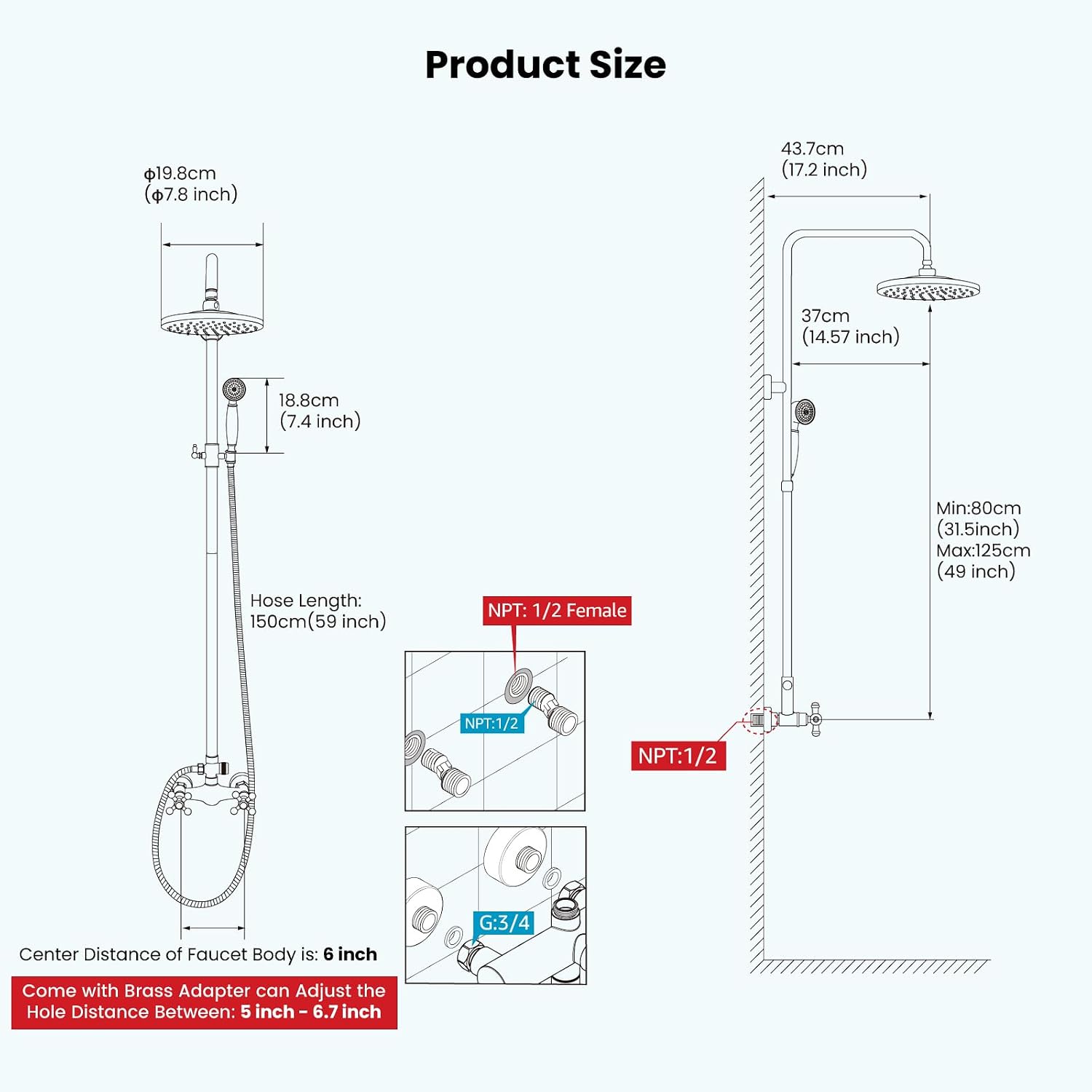 gotonovo Exposed Bathroom Shower Faucet Set Shower Fixture 8 Inch Rainfall Shower Head Handheld Shower Cross Handle Wall Mount 2 Functions Matte Black