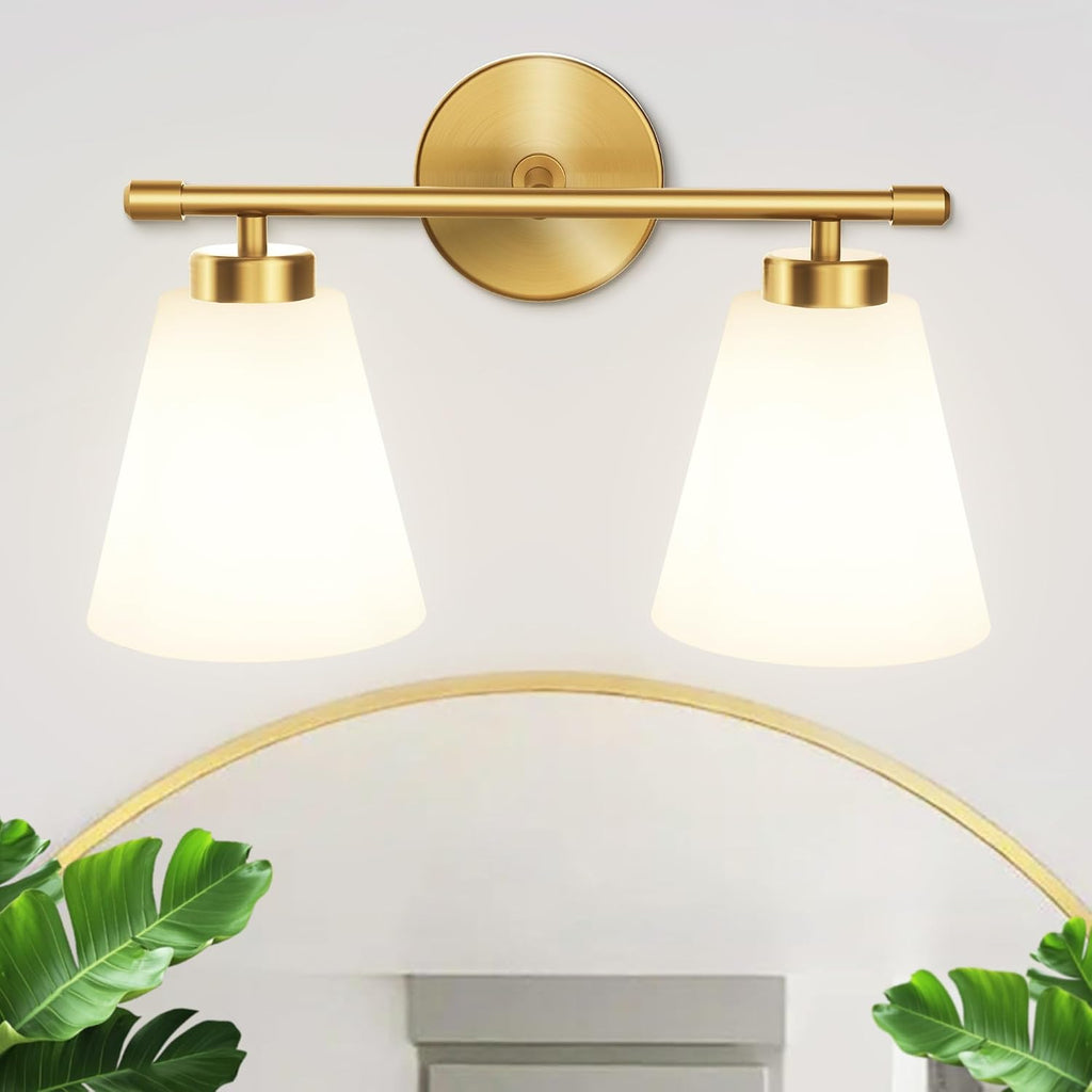 Hamilyeah Gold Bathroom Vanity Light Fixture with Frosted Glass Shade, 2 Light Vanity Lighting Fixture Over Mirror, 2 Bulb Wall Lamps for Bathroom, Restroom, Living Room