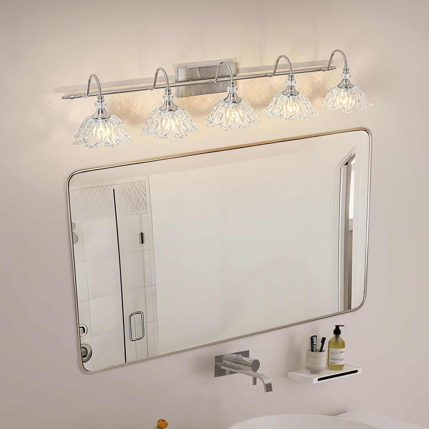 Brushed Nickel 5-Light Bathroom Vanity Light with Floral Clear Glass Shades, Brushed Nickel Wall Mount Lighting for Bathroom, Dressing Table