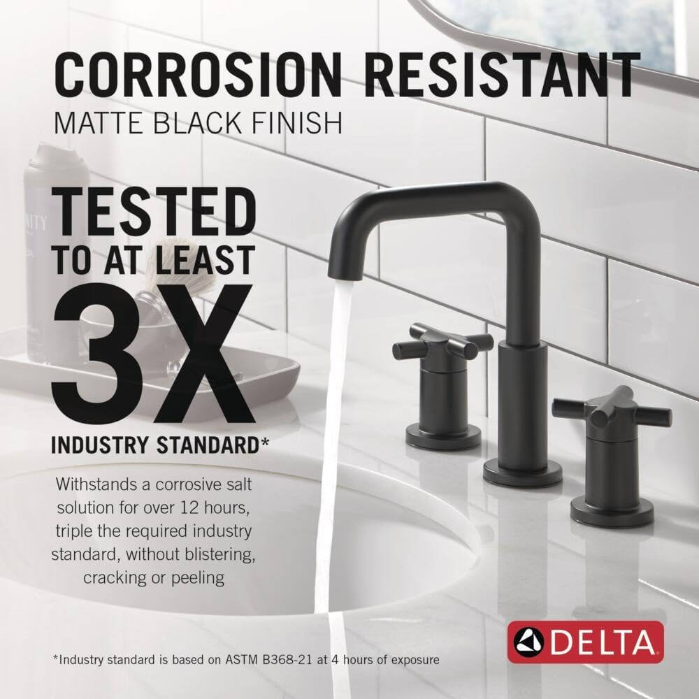 Delta Nicoli Matte Black Bathroom Faucet 3 Hole, 8 Inch Widespread Bathroom Sink Faucet for Vanity, Push-Pop Drain Assembly, Matte Black 35894LF-BL