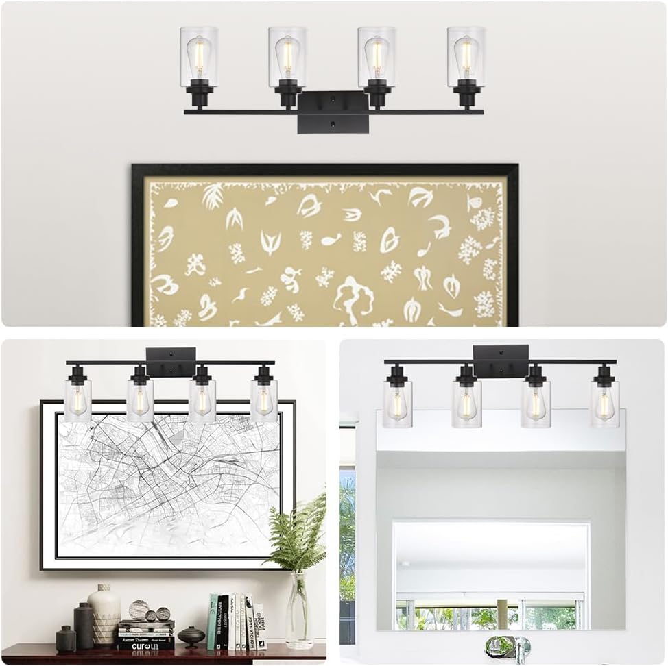 MELUCEE 4 Lights Sconces Wall Lighting Black with Clear Glass Shade, Industrial Bathroom Light Fixtures Vanity Lights Porch Light Fixtures Wall Mount (Patent No.: US D963914 S)