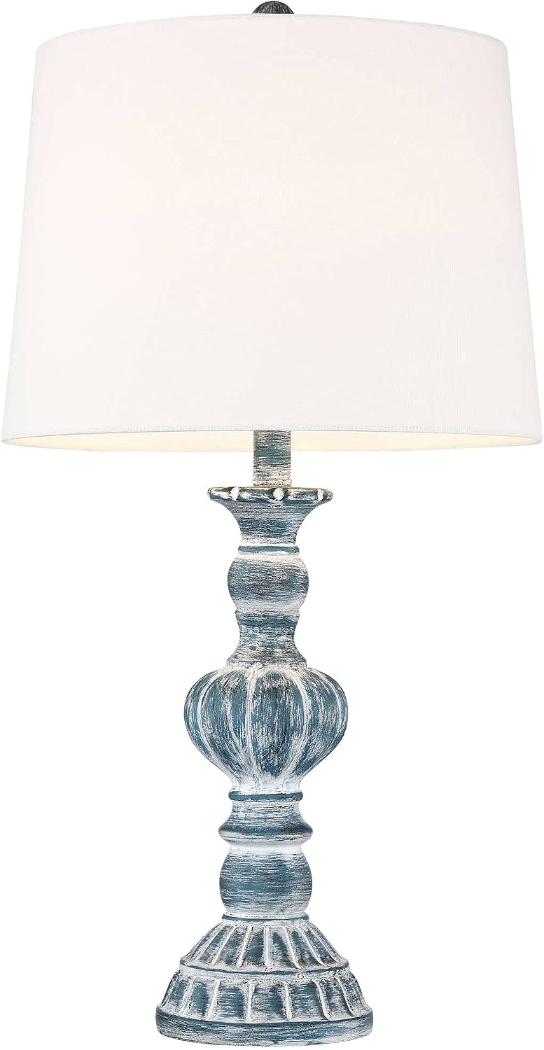 Regency Hill Tanya Coastal Vintage Style 3-Way Table Lamps 26.5' High Set of 2 with Table Top Dimmers Blue Wash White Fabric Drum Shades for Living Room Bedroom House Bedside Nightstand