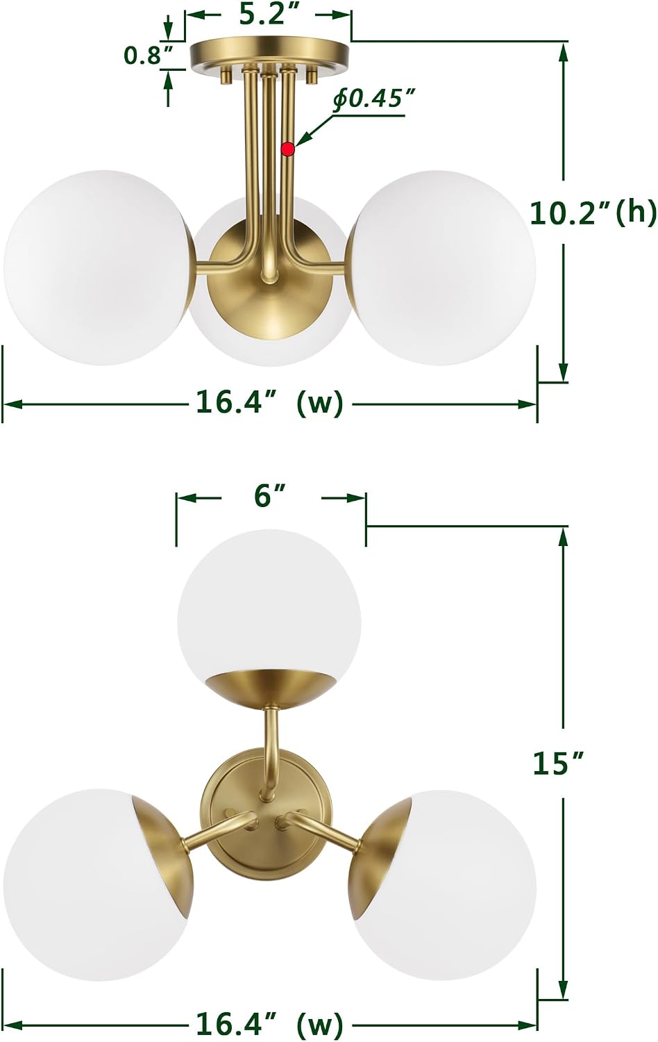 3 Light Semi Flush Mount Ceiling Light Fixture Aged Brass, Modern Globe Chandelier, Sputnik Farmhouse Lighting for Kitchen Bedroom Bathroom Living Room Corridor Laundry Room Bar …