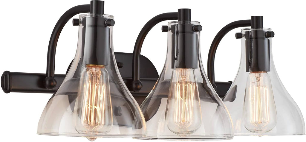 Possini Euro Design Sorren Industrial Modern Wall Light Black Metal Hardwired 20 1/2' 3-Light Fixture Curving Clear Glass Shade for Bedroom Bedside Bathroom Vanity Living Room Hallway Dining House