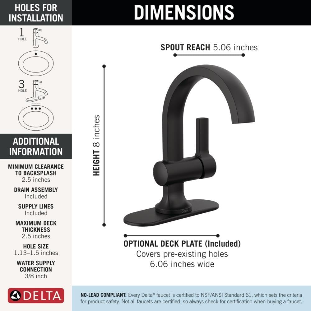 Delta Albion Matte Black Bathroom Faucet 1 Hole, Single Hole Bathroom Sink Faucet for Vanity, Metal Push-Pop Drain Assembly, Matte Black 15855LF-BL