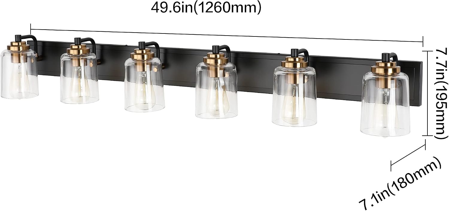 SOLFART Bathroom Vanity Light Black and Brass Bathroom Light fixtures Durable Glass Globe Vintage Stylish Lighting 6 Lights(8580)