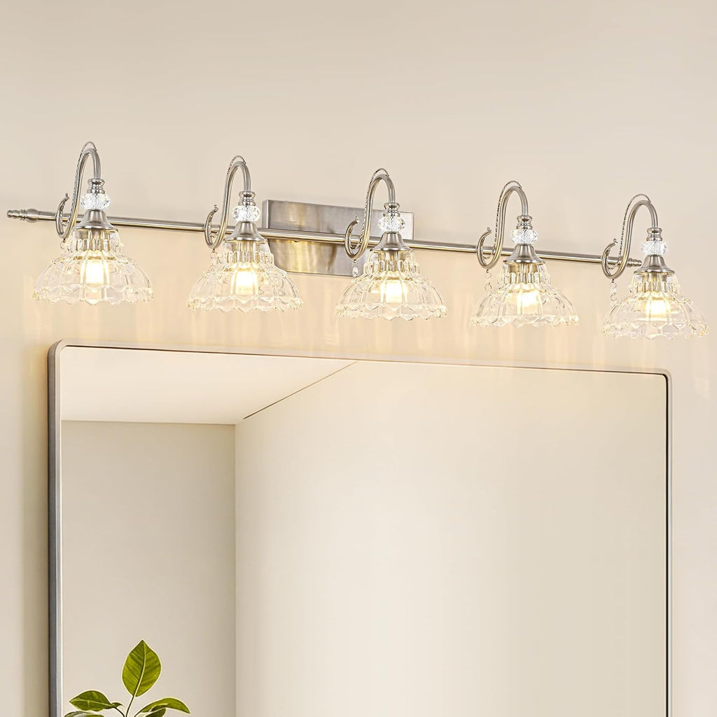 Brushed Nickel Bathroom Vanity Light, 5-Light Nickel Finish Wall Sconce with Hanging Crystal Accents and Flower-Shaped Clear Glass Shades, Modern Wall Mount Vanity Light Over Mirror for Bathroom