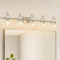 Brushed Nickel Bathroom Vanity Light, 5-Light Nickel Finish Wall Sconce with Hanging Crystal Accents and Flower-Shaped Clear Glass Shades, Modern Wall Mount Vanity Light Over Mirror for Bathroom
