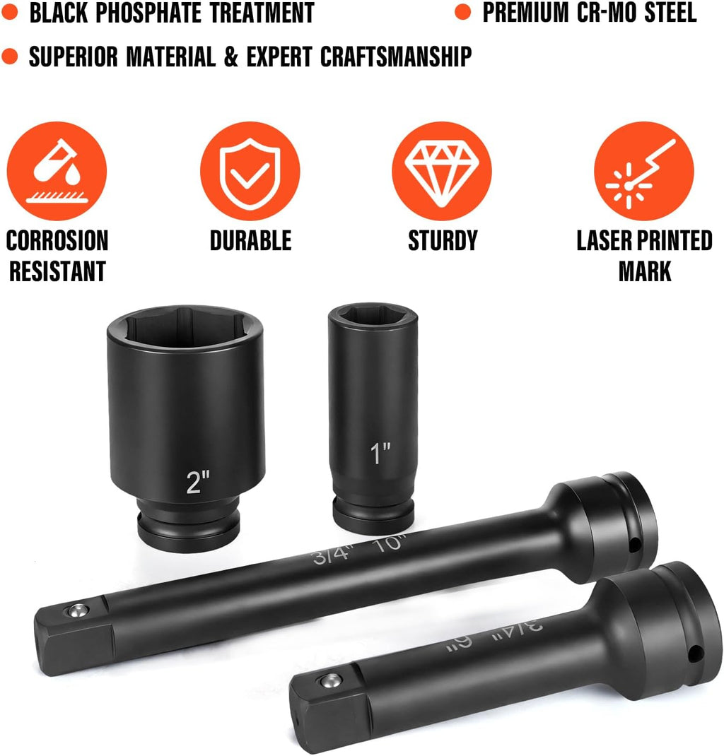 3/4' Drive Deep Impact Socket Set,21Pcs SAE (3/4 to 2 Inch) Sizes with Ratchet Wrench (24 tooth) Andextension Rod,6-Point Socket,Cr-Mo Steel Includes Adapters