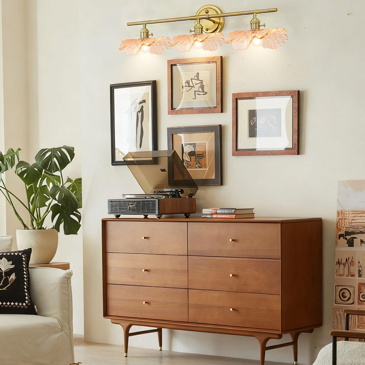 3 Light Bathroom Vanity Lighting, Gold Brass Wall Mount Light with Amber Flower Petal Glass Shade, Mid Century Vanity Lights Over Mirror for Living Room Hallway