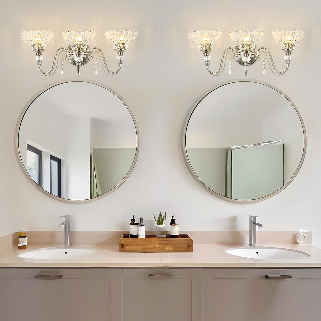 Brushed Nickel Bathroom Vanity Light, 3-Light Nickel Finish Wall Sconce with Hanging Crystal Accents and Flower-Shaped Clear Glass Shades, Modern Wall Mount Vanity Light Over Mirror for Bathroom