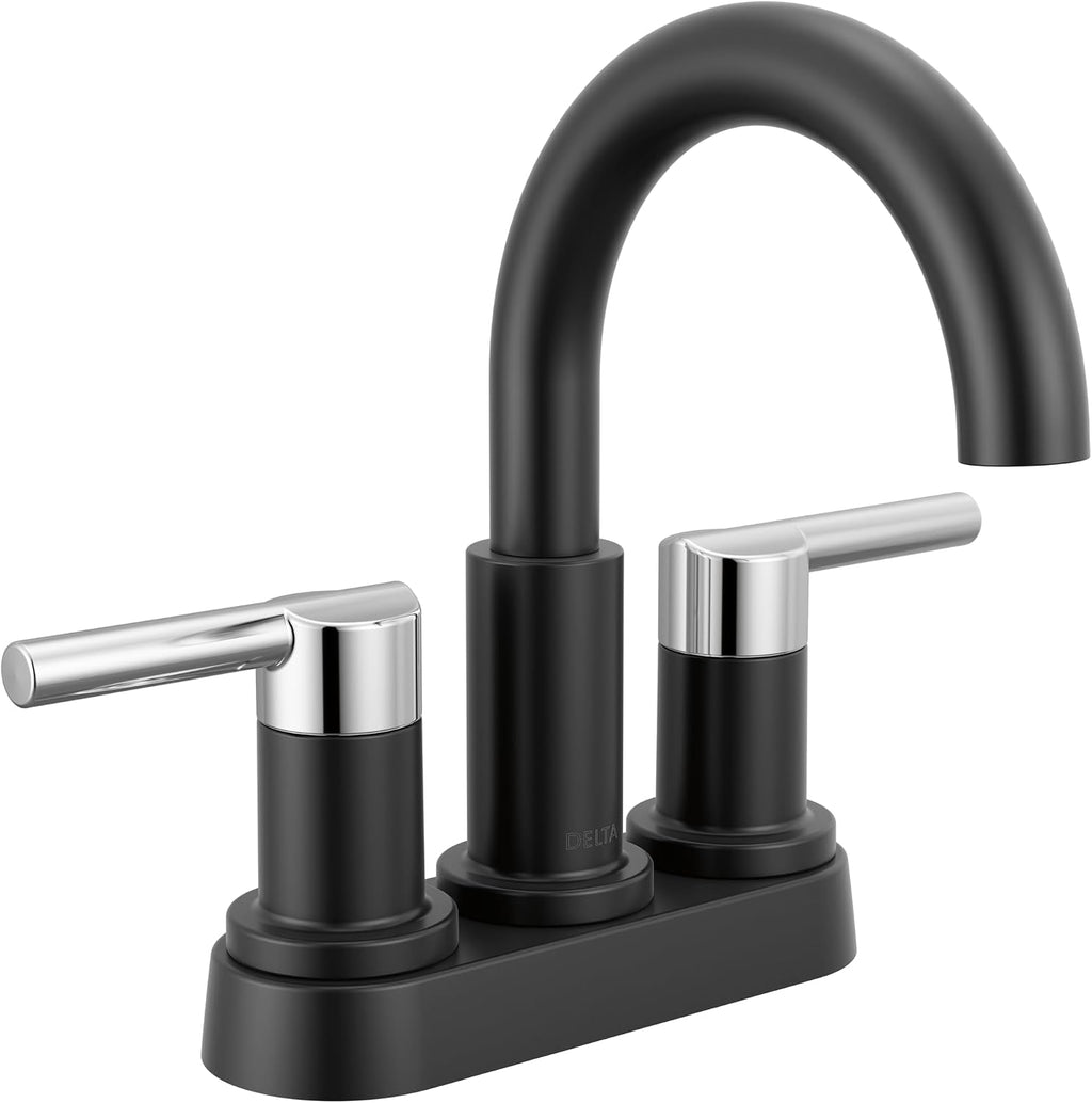 Delta Nicoli Centerset Matte Black/Chrome Bathroom Faucet, 4 Inch 3 Hole Bathroom Sink Faucet for Vanity, Push-Pop Drain Assembly, Matte Black/Chrome 25749LF-CS