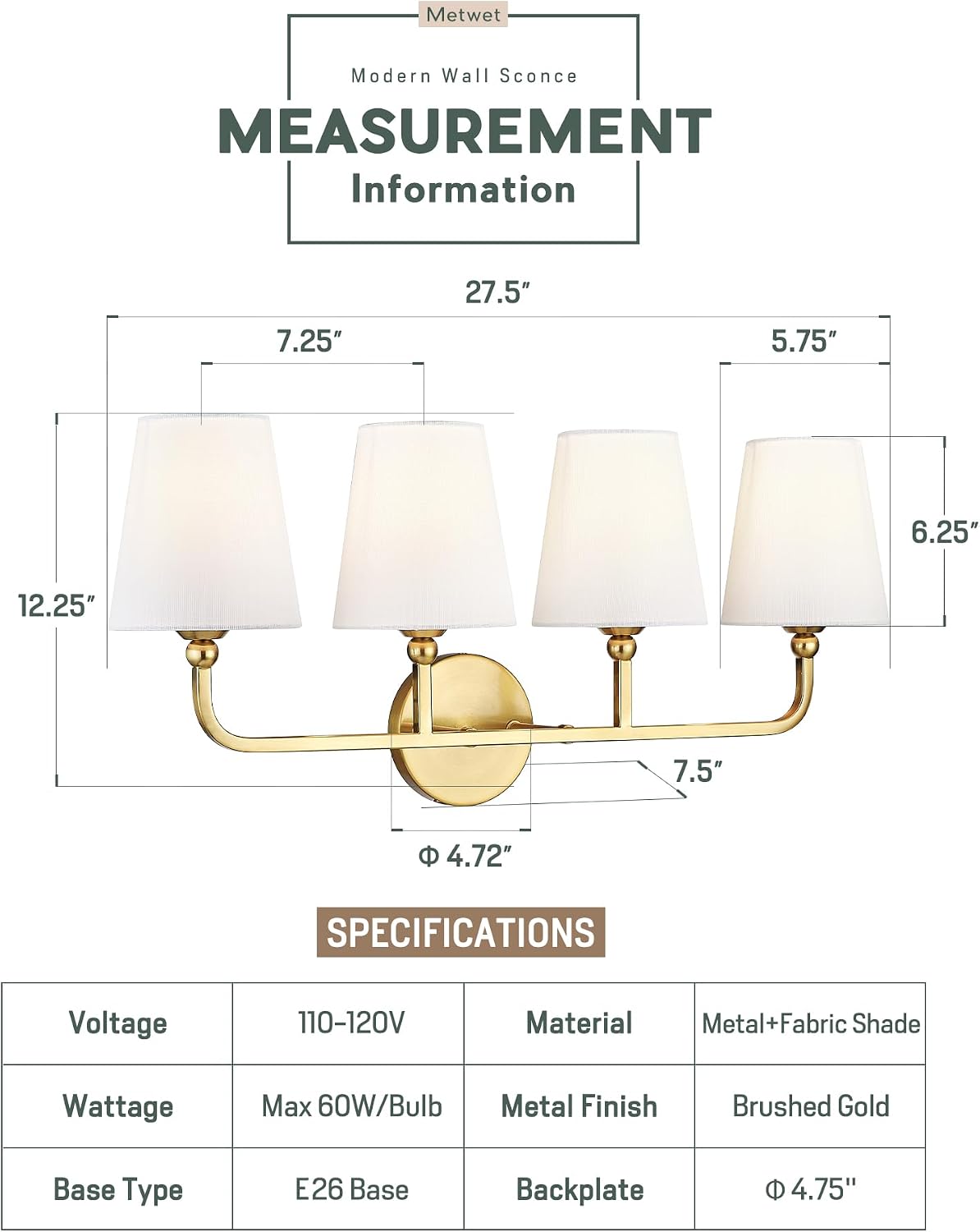 Bathroom Light Fixtures, 4 Light Brushed Gold Vanity Lights with Flared White Fabric Shade, 28 Inch Wall Sconce, Modern Sconces Wall Lighting for Hallway Bedroom, VL837-BG-4