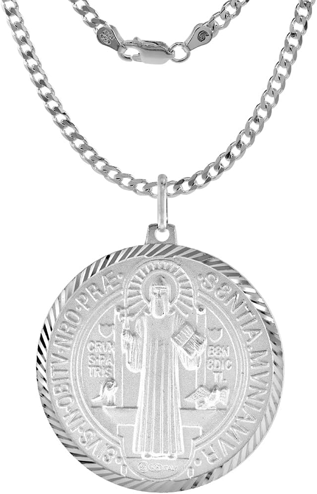 1 1/2 inch Extra Large Sterling Silver St Benedict Medal Necklace for Men 36mm Round Italy 16-24 inch