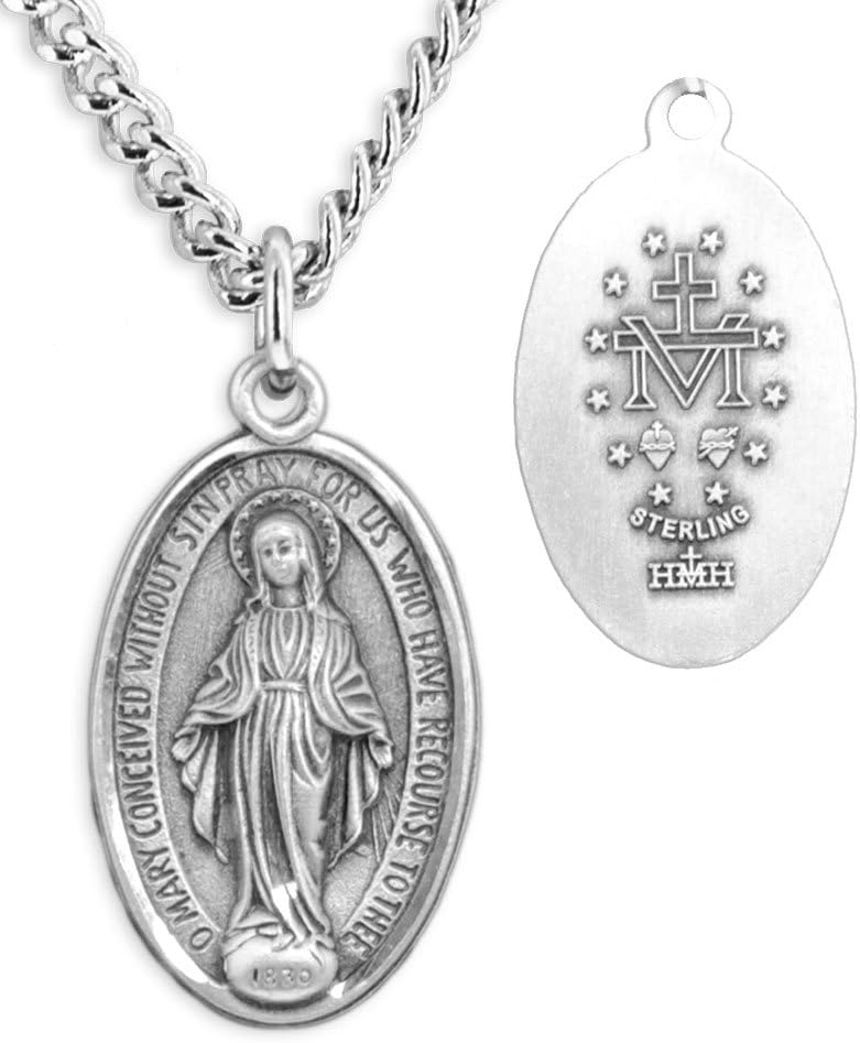 Heartland Store Men's Sterling Silver Classic Miraculous Medal Etched Border Necklace + USA Made + Chain Choice