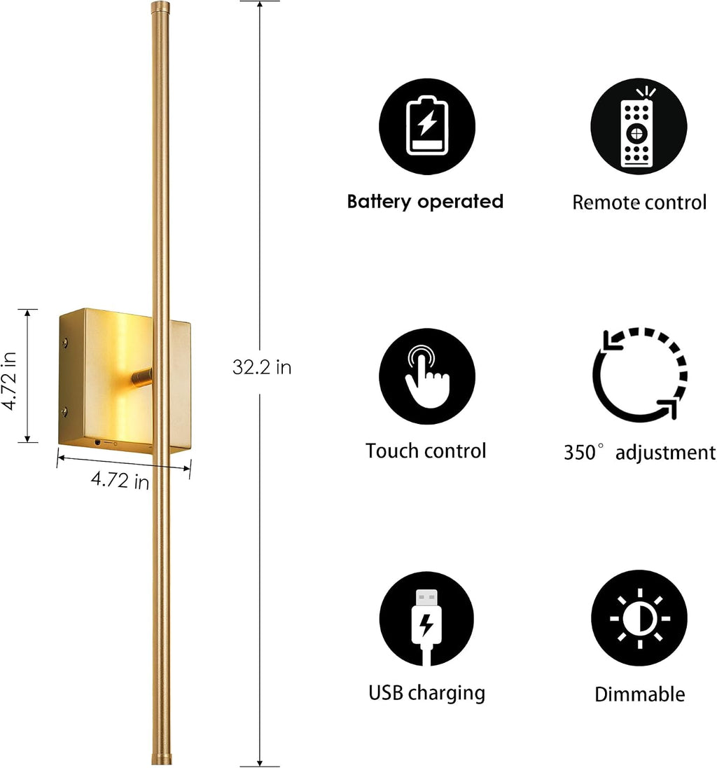 KARTOOSH 32.2 Inch Wall Sconces Battery Operated for Bedroom Hallway, Rechargeable Wireless Wall Lamp Set of 2, 3000K Warm White Dimmable Wall Light w/Remote Timer Memory Indoor Sconce Decor, Gold