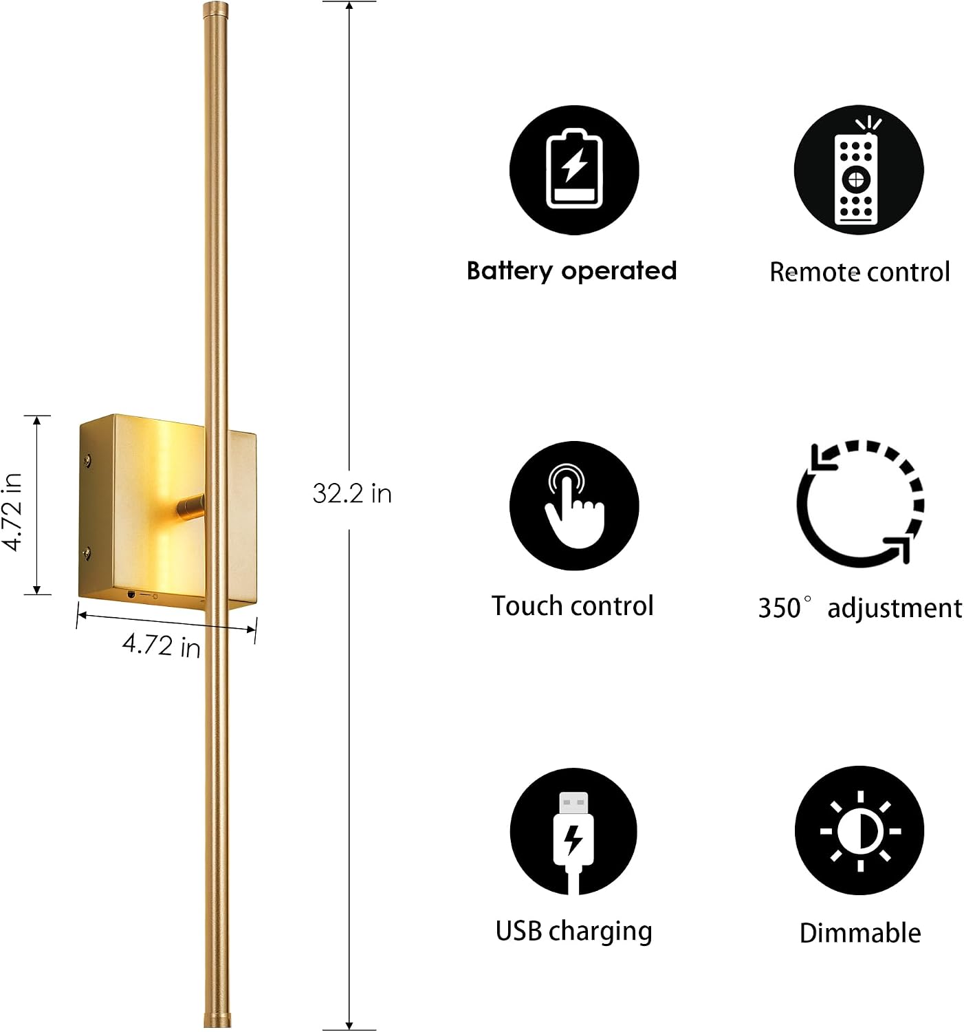 KARTOOSH 32.2 Inch Wall Sconces Battery Operated for Bedroom Hallway, Rechargeable Wireless Wall Lamp Set of 2, 3000K Warm White Dimmable Wall Light w/Remote Timer Memory Indoor Sconce Decor, Gold