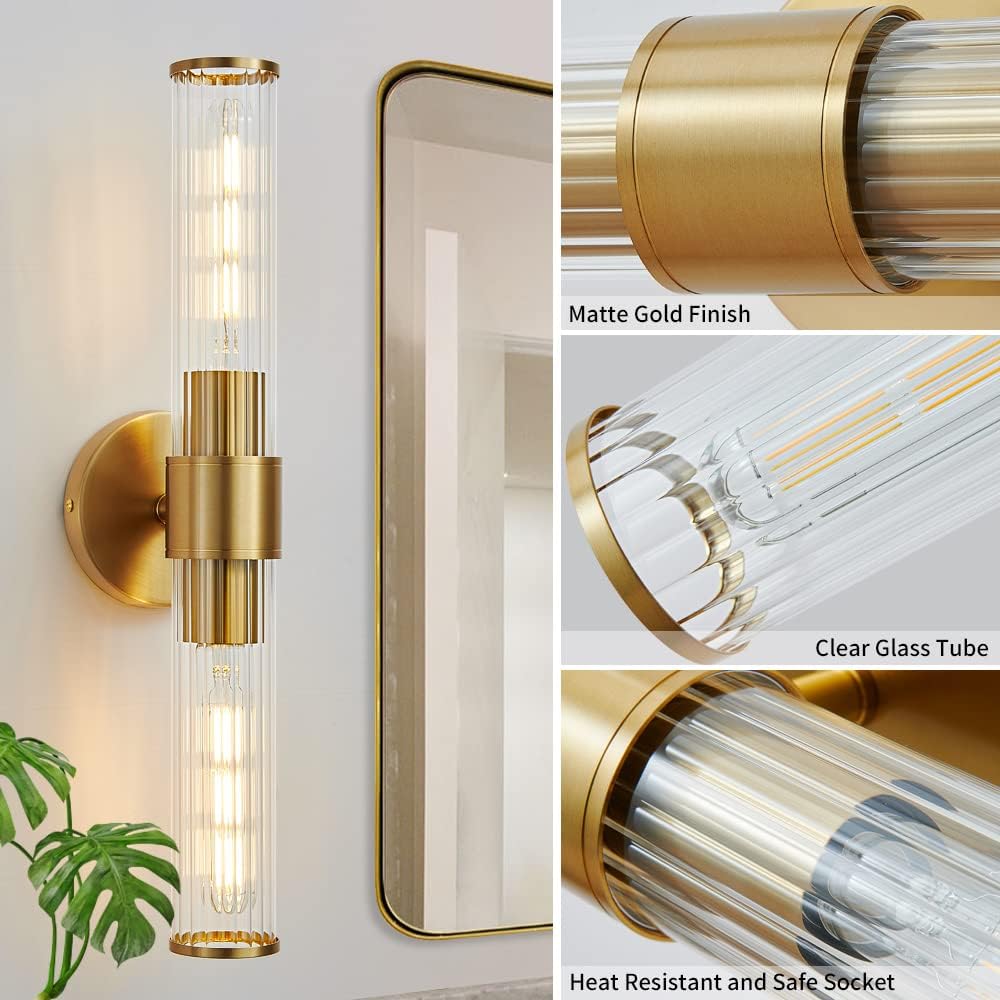 Gold Bathroom Light Fixtures 2 Pack, Hardwired Vanity Lights for Mirror with Threaded Glass Shade, 20 Inch Up and Down Wall Sconces for Bathroom Bedroom Living Room, Bulb Not Included