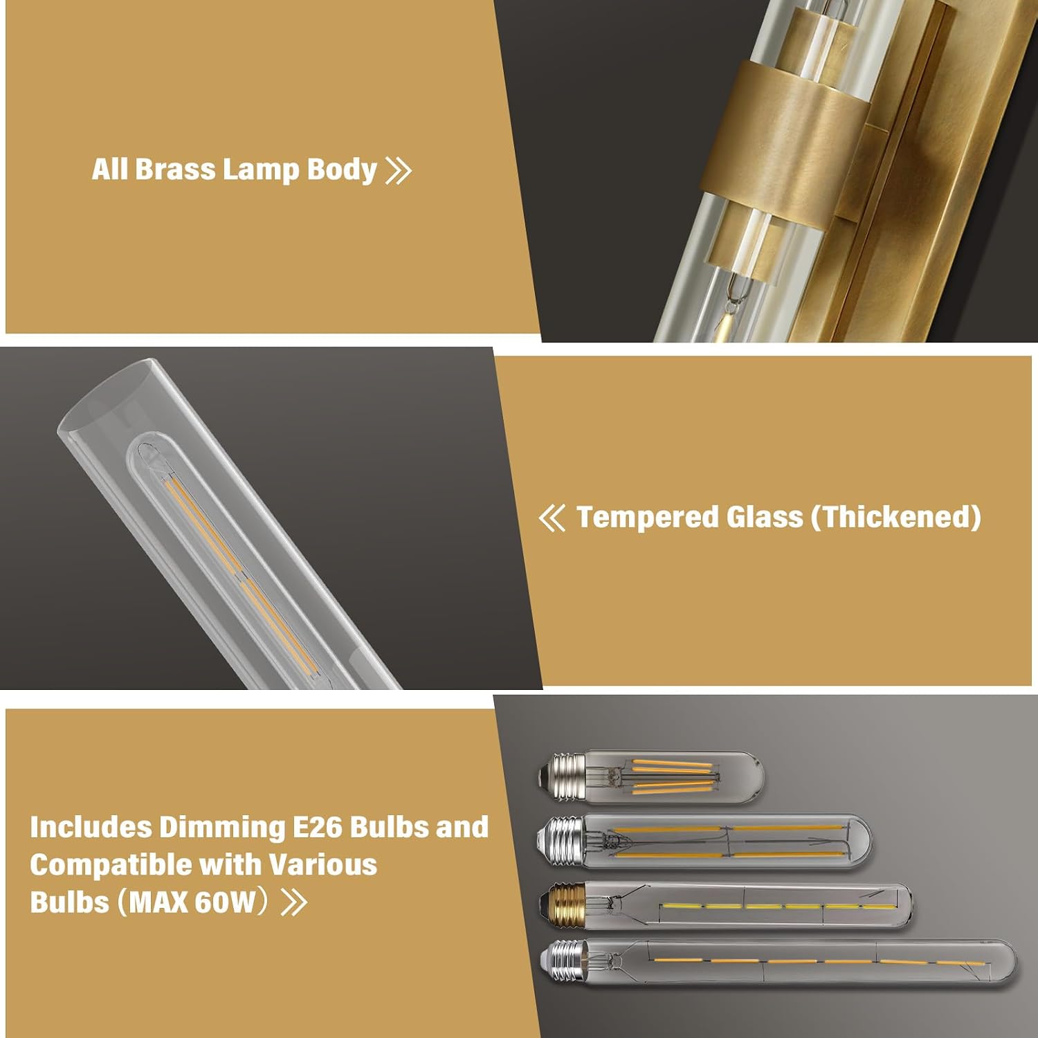 Gold 22.8' Sconces Wall Lighting,Bathroom Vanity Lights Fixtures with Clear Glass Shade Wall Lamp for Mirror, Living Room, Bedroom, Hallway, Fireplace, Staircas（Including Bulb）