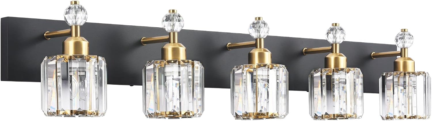 PRESDE 5-Light Crystal Bathroom Vanity Light, Modern Black and Gold Wall Sconce ， Wall Lamp for Over Mirror Bedroom Hallway