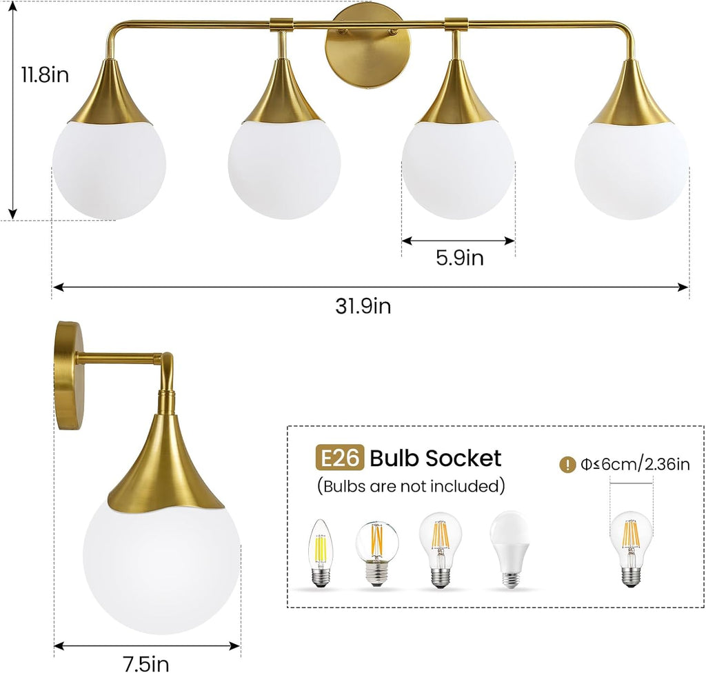 Bathroom Vanity Light Fixtures: 4 Lights Mid Century Modern Bathroom Lighting Fixtures Over Mirrors - Brass Gold Wall Sconce with Milky Glass Ball Shades for Bath Bedroom