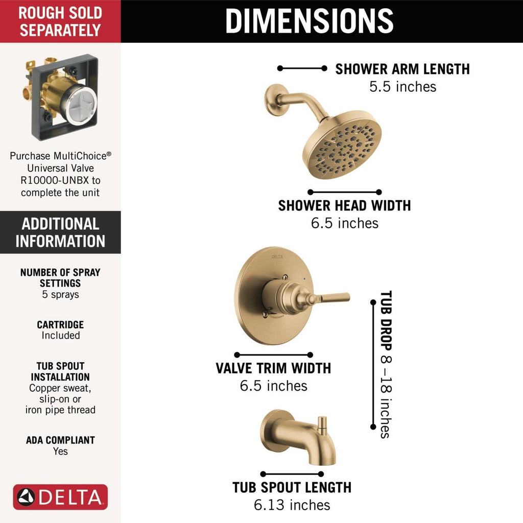 Delta Saylor 14 Series Bathtub and Shower Faucet Set, Brushed Gold Shower Head and Handle Set, Valve Trim Kit, Champagne Bronze T14435-CZ (Valve Not Included)
