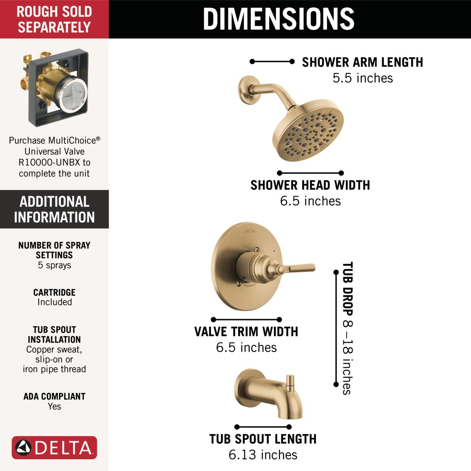 Delta Saylor 14 Series Bathtub and Shower Faucet Set, Brushed Gold Shower Head and Handle Set, Valve Trim Kit, Champagne Bronze T14435-CZ (Valve Not Included)