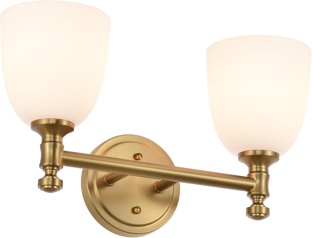 Gold Bathroom Vanity Light Fixtures, 2-Light Over Mirror, Traditional Vanity Lights for Living Room, Milk White Glass Shades, Standard E26 Base, Aged Brass, 16.3' W x 9.4' H x 6.25' D