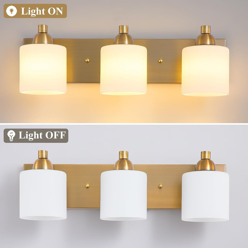 Mecgirn Stainless Steel Milk Glass Vanity Lights for Bathroom, 3 Light Brass Bathroom Light Fixtures Over Mirror, Ceramic E26 Sockets Wall Mounted