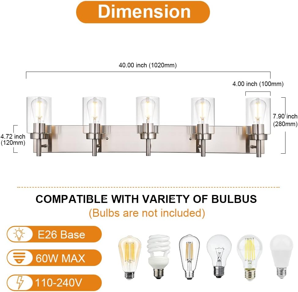 5 Lights Bathroom Vanity Light Fixture Brushed Nickel Sconces Wall Lighting Modern Industrial Indoor Wall Mounted Lamp for Kitchen Living Room Dining Room (Patent No.: US D958,438 S)