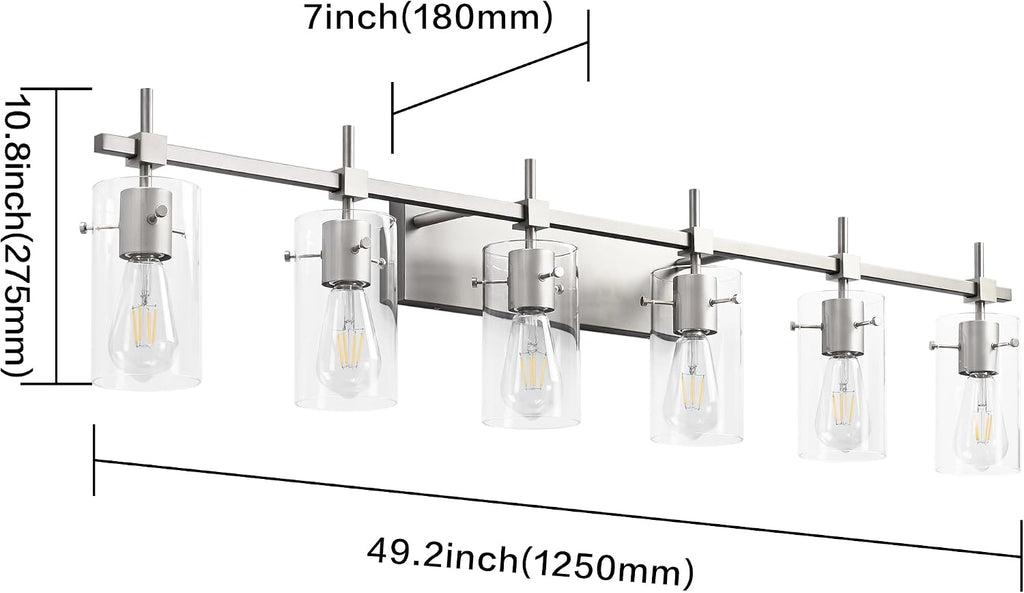 SOLFART 49.2 inch 6 Lights Vanity Light fixtures for Bathroom Vintage Bathroom Light Fixture Brushed Nickel Light Fixtures Above Mirror with Glass Shade (Exclude Bulb)