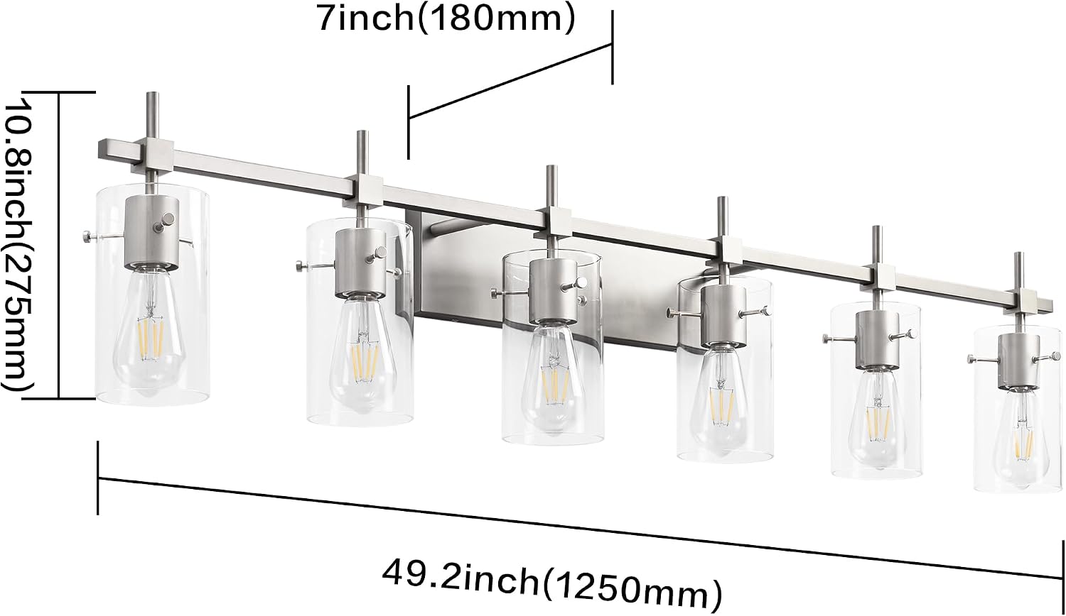 SOLFART 49.2 inch 6 Lights Vanity Light fixtures for Bathroom Vintage Bathroom Light Fixture Brushed Nickel Light Fixtures Above Mirror with Glass Shade (Exclude Bulb)