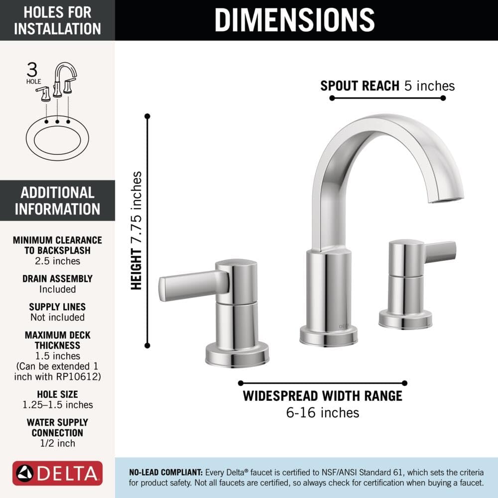 Delta Faucet Albion Widespread Bathroom Faucet 3-Hole, Chrome Bathroom Sink Faucet, 2-Handle Bathroom Faucet, Bath Faucet, Metal Push-Pop Drain Assembly, 1.2 GPM Flow Rate, Chrome 35855LF