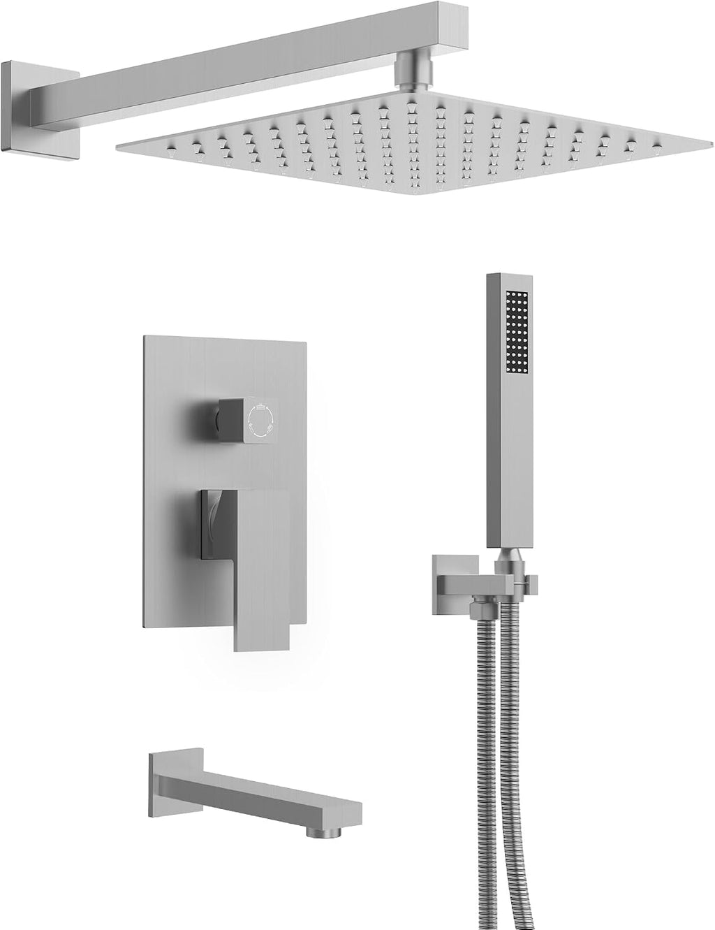 Shower Tub Faucet Set, 10' Bathroom Rainfall Shower Head Fixtures Combo with Handheld Spray and Tub Spout, Brushed Nickel (Valve Included)