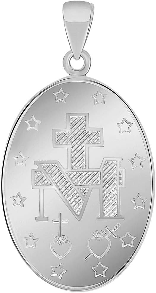 Jewelry America Solid 14k White Gold Classic Miraculous Medallion of the Virgin Mary Pendant (Small)