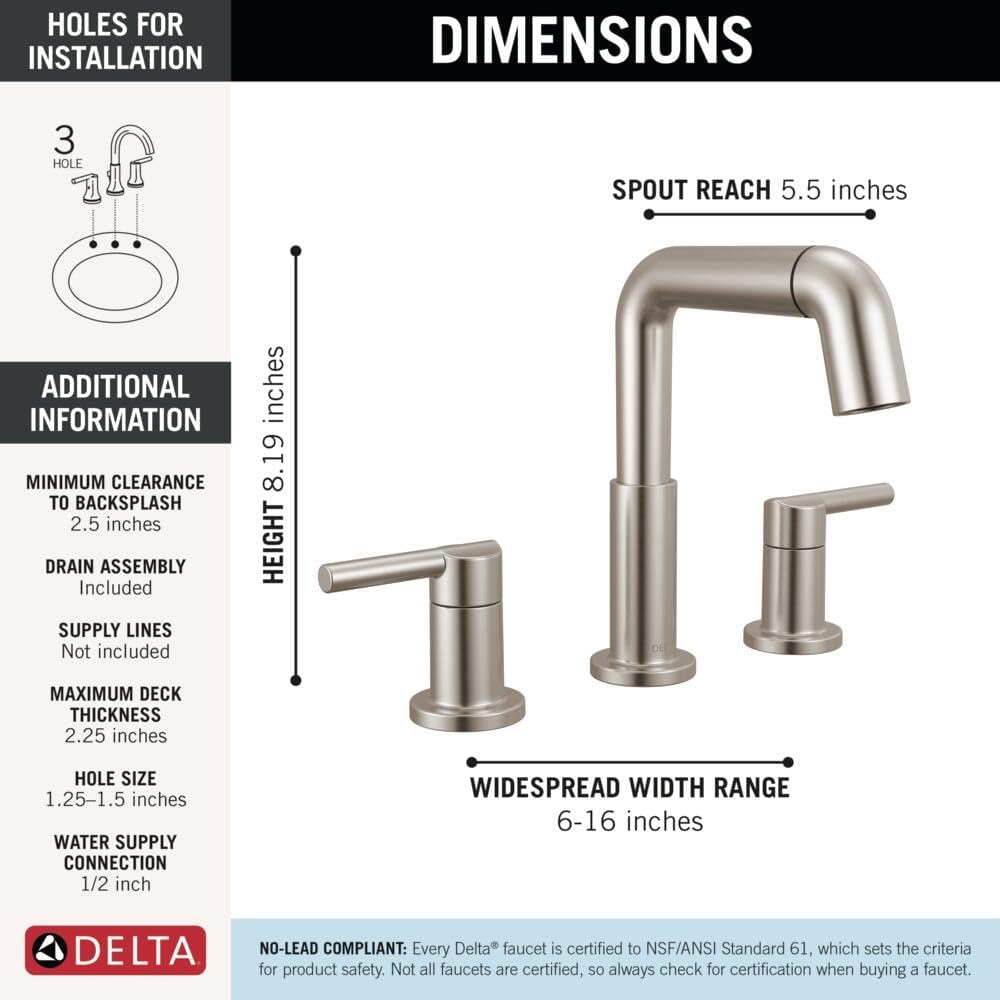 Delta Nicoli Brushed Nickel Bathroom Faucet with Sprayer, 8 Inch 3 Hole Widespread Bathroom Sink Faucet with Pull Out Sprayer, Push-Pop Drain, Stainless 35849LF-SSPD