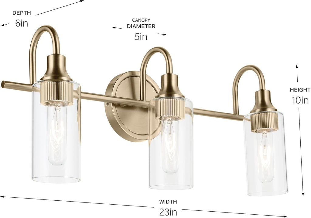 Kichler Kavi 23' 3-Light Bathroom Vanity Light Fixture with Clear Glass in Champagne Bronze, Modern Wall Mount Over Mirror for Powder Room (23' W x 10' H), 55211CPZ