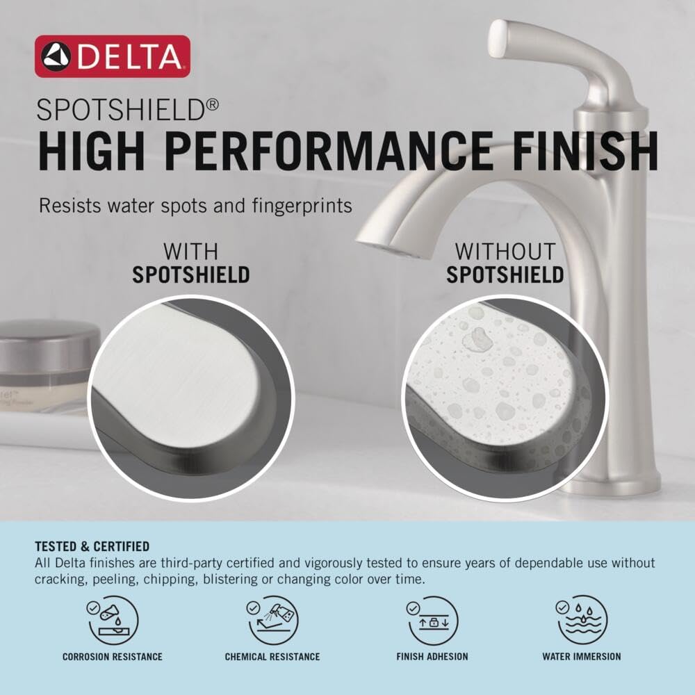Delta Albion Brushed Nickel Bathroom Faucet 1 Hole, Single Hole Bathroom Sink Faucet for Vanity, Metal Push-Pop Drain Assembly, SpotShield Brushed Nickel 15855LF-SP