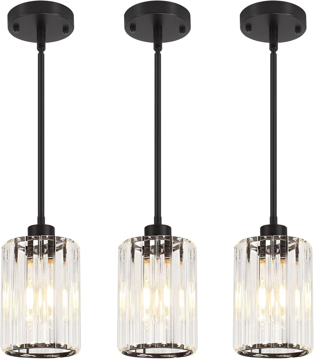 3 Pack Black Pendant Lights Kitchen Island, Modern Crystal Pendant Lighting Over Island, Hanging Kitchen Light Fixtures, Adjustable Mini Pendant Light for Bathroom Dining Room Hallway