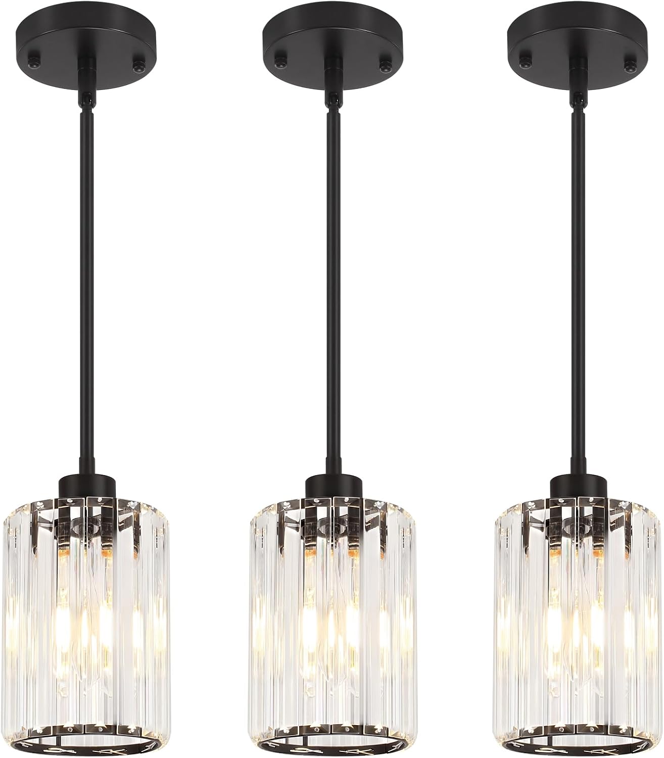 3 Pack Black Pendant Lights Kitchen Island, Modern Crystal Pendant Lighting Over Island, Hanging Kitchen Light Fixtures, Adjustable Mini Pendant Light for Bathroom Dining Room Hallway