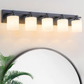 Modern Bathroom Light Fixtures Over Mirror, Vanity Lights for Bathroom Wall Sconces with Milky White Glass Shades, E26 Socket (Bulbs Not Included), 5 Light, Black