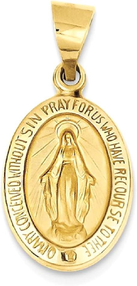IceCarats 14K Yellow Gold Medium Oval Our Lady of Grace Miraculous Medal, Virgin Mary Pendant Necklace 23mm 7/8 inch Lightweight, Polished, Satin For Her