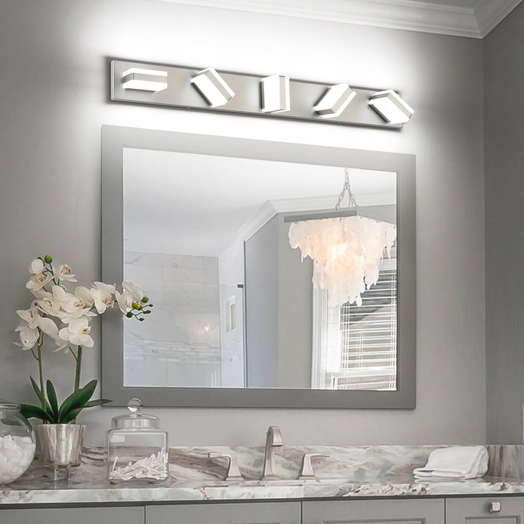 SOLFART 5 Light Bathroom Vanity Light, Brushed Nickel Vanity Lighting Fixtures Over Mirror, Modern LED Lights for Bathroom Cool Light 6000K